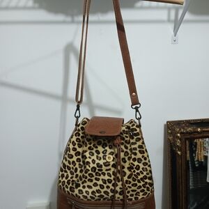 Leopard Print Brown Leather Shoulder Bag